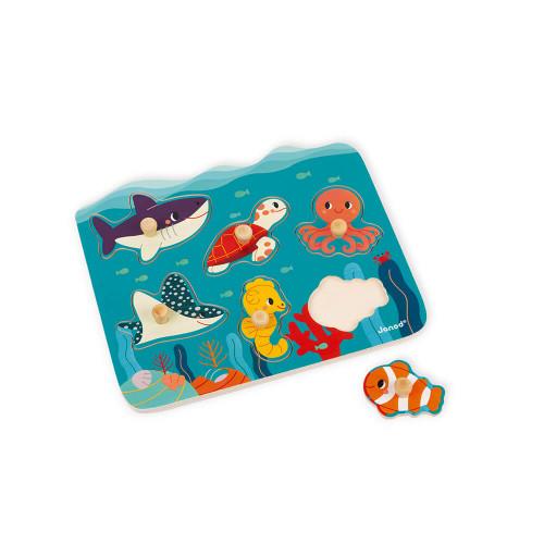 Wooden pin jigsaw with removable sea creatures.