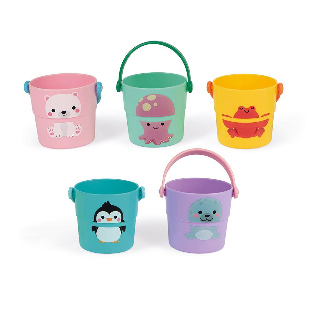 5 small colourful play buckets with animal motif and with handles. White background.