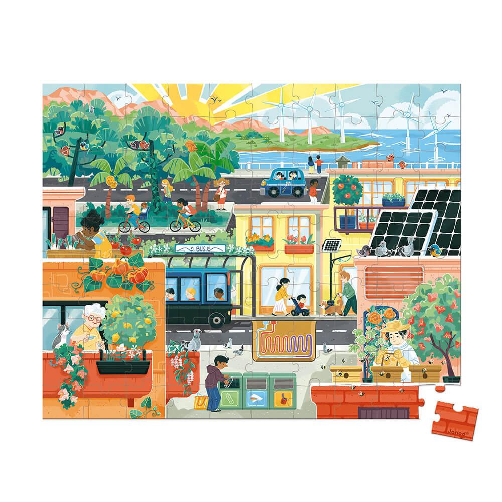 Completed jigsaw puzzle showing environmentally-friendly activities.