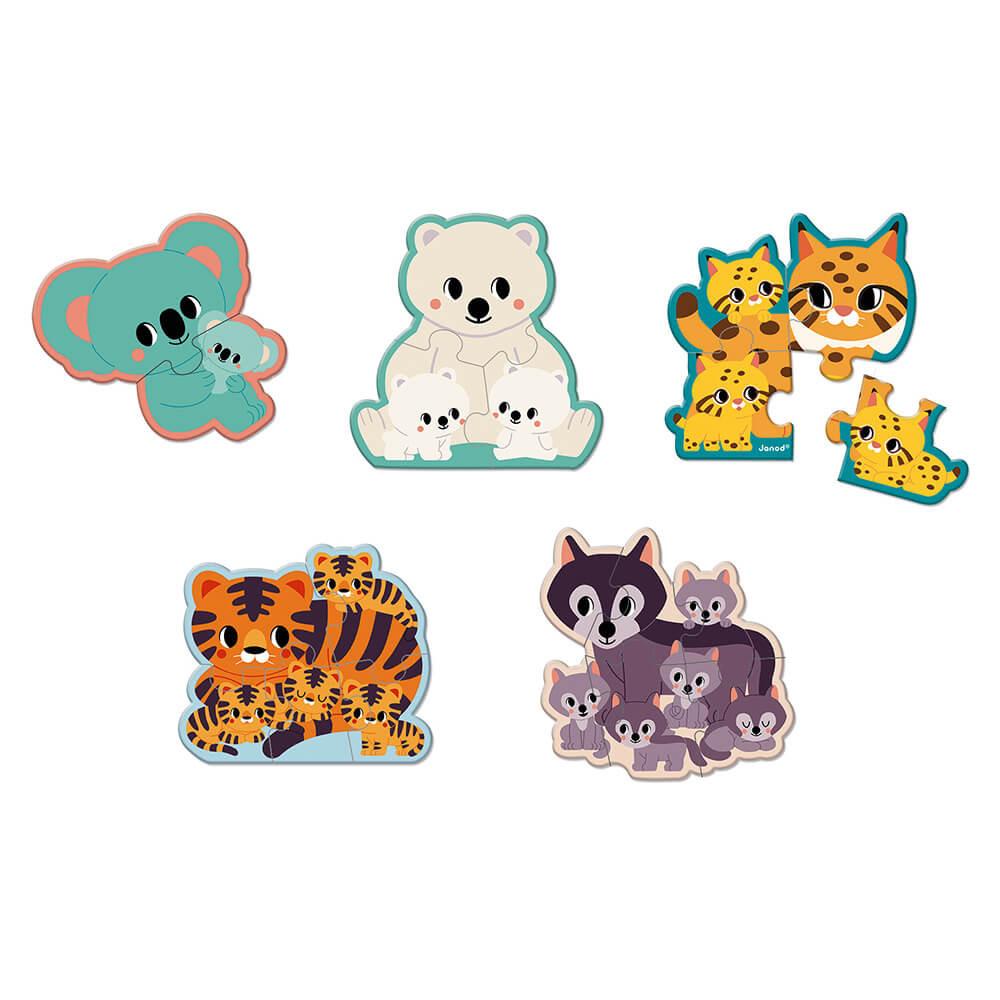 Image showing the 5 animal family puzzles in the set: Koalas, wolves, leopards, tigers and polar bears.