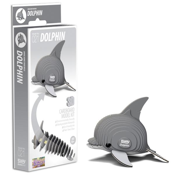 Grey dolphin figure beside its box.