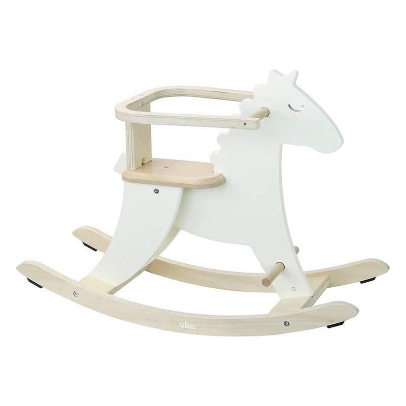 White, wooden, hand-painted rocking horse with natural wood coloured rockers, seat and handles.