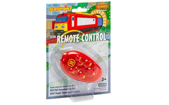 Packaging containing a red remote control for the Hornby Playtrains. White Background.