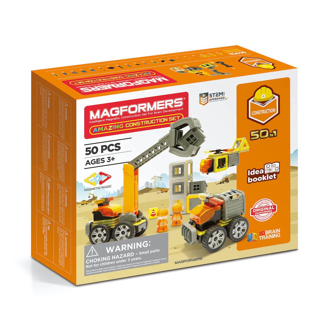 Box containing Magformers magnetic construction kit. White background.