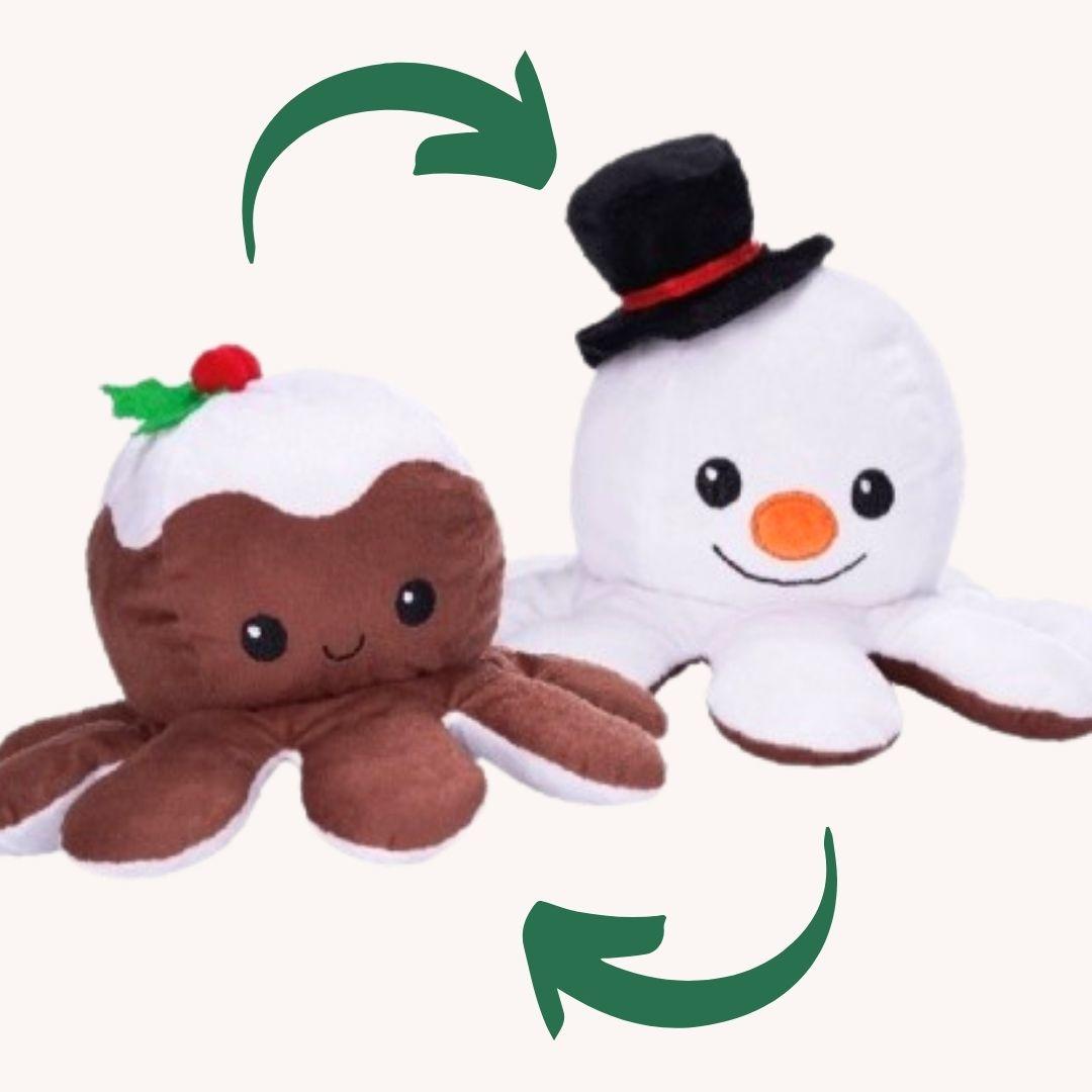 A reversible, soft Christmas pudding  with octopus legs. Beside it is a snowman head with 8 legs.