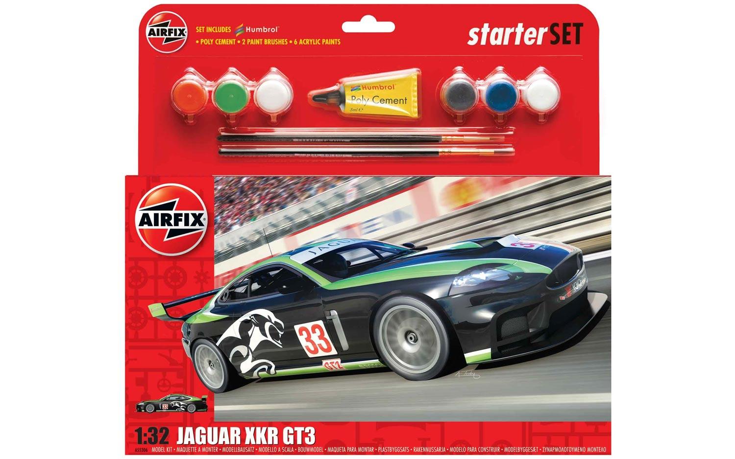 Pack containing model kit for green and black Jaguar XKR GT3 race car.