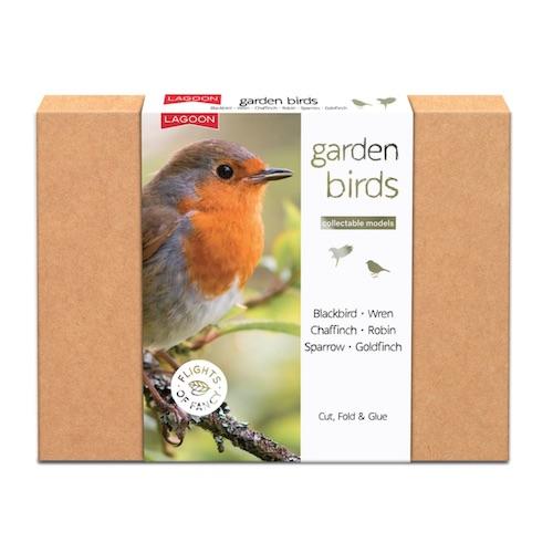 Brown cardboard box featuring a robin. White background.