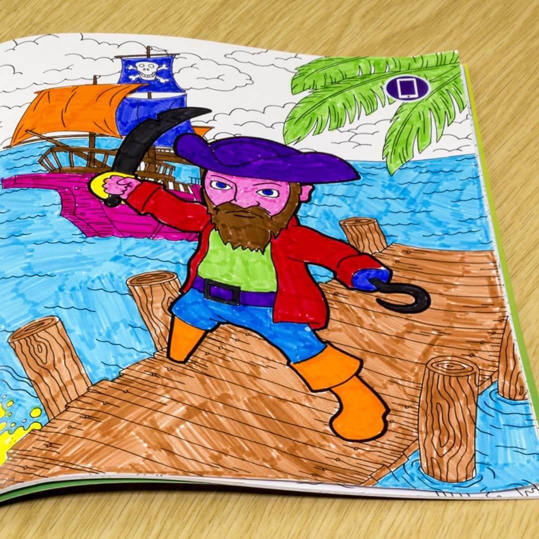 Picture of a pirate that's been coloured in by a child.