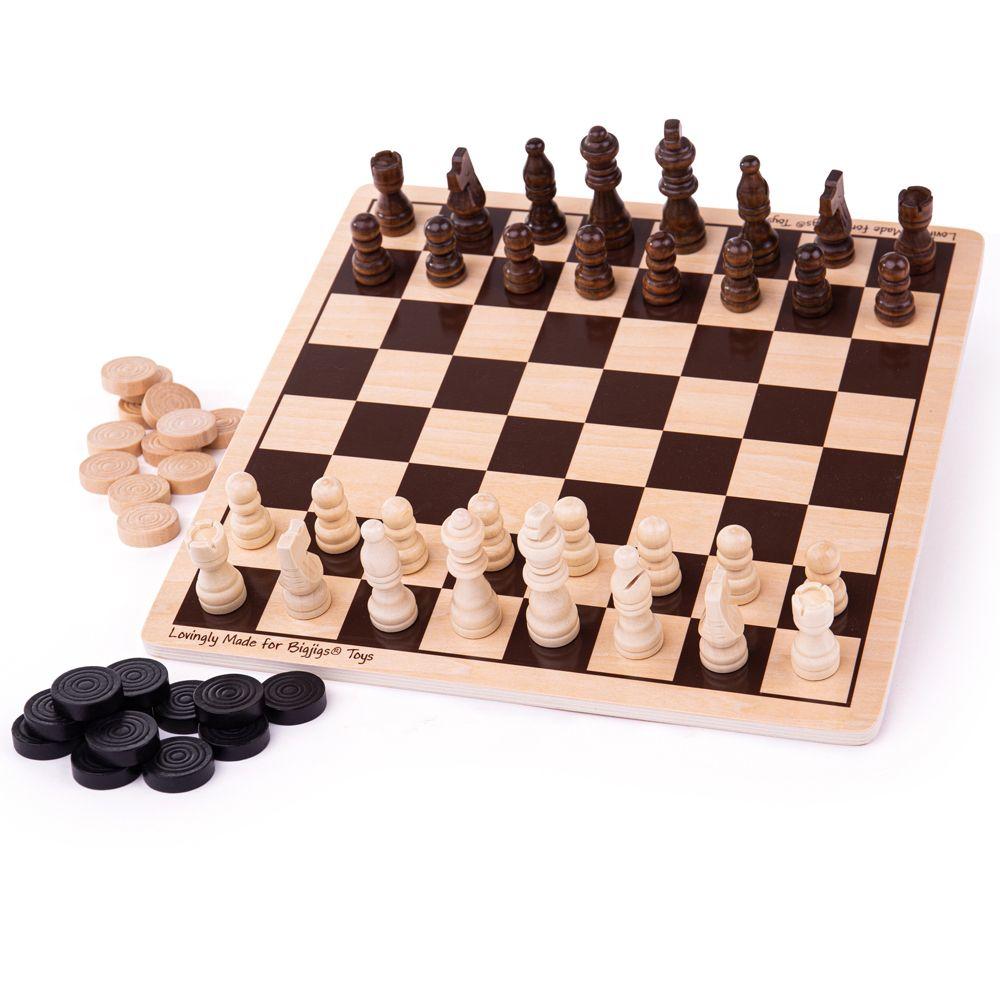Light and dark checked wooden chess and draughts board. White background.