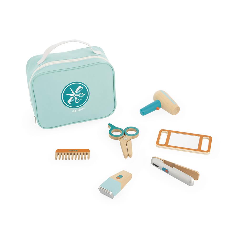 Wooden children's hairdresser set with pale blue carry case.