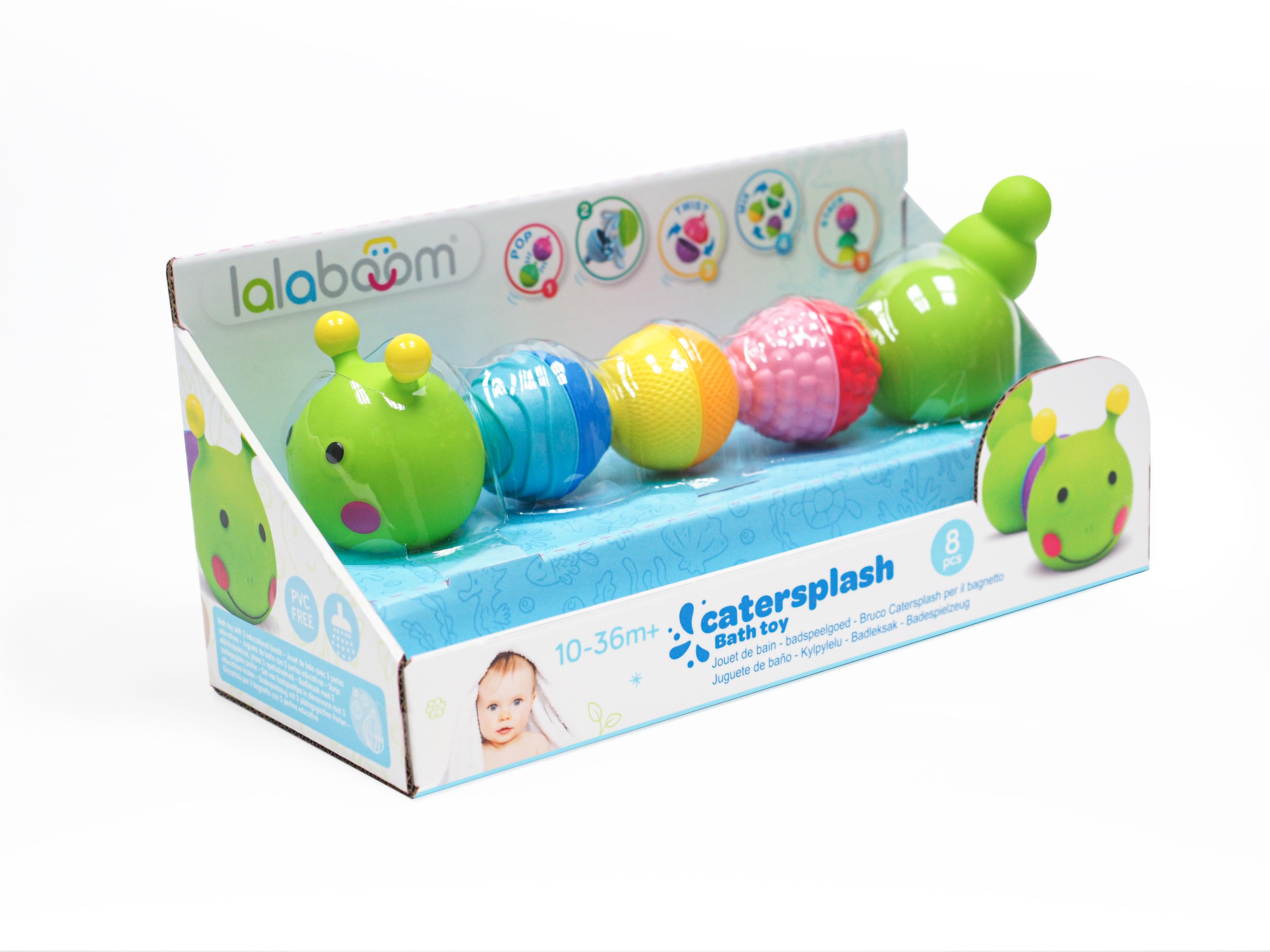 Lalaboom's fun snap together caterpillar bath toy in manufacturer's packaging.