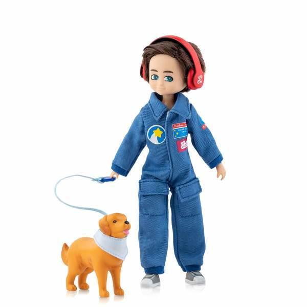 Hayden Boy Doll in spacesuit with a dog on a lead.