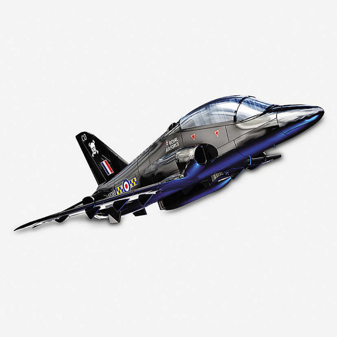 Model of black Hawk jet as if flying. White background.