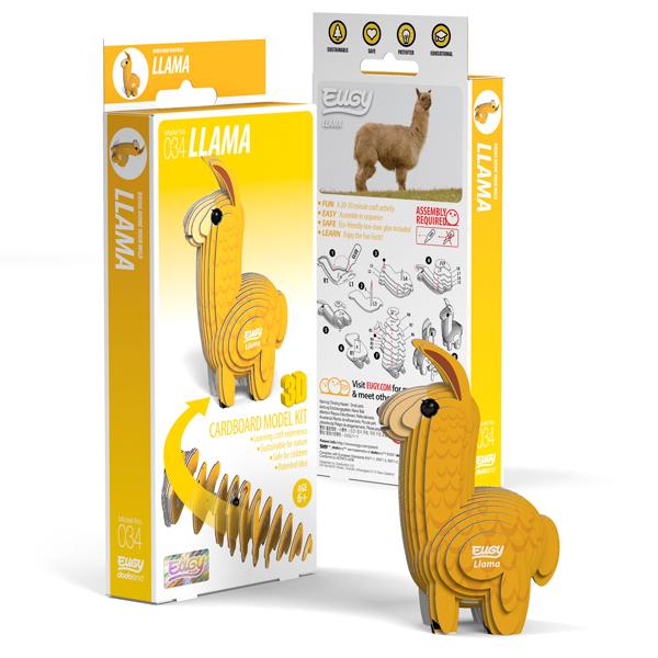 Yellow llama card model standing beside box.