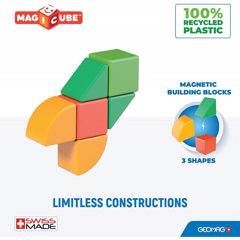 Illustration showing the way the magnetic blocks can be placed together. Contains the words 'Magnetic building blocks' to the right and 'Limitless construction' at the foot.