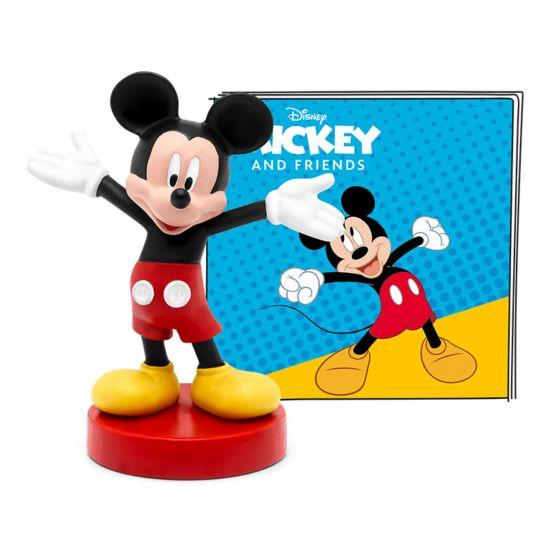Mickey Mouse figure with big black ears, red shorts and yellow shoes standing beside the packaging for the Mickey Mouse Tonies.