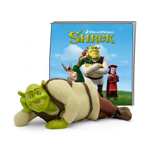 Shrek model lying down in front of the Tonies Shrek package.