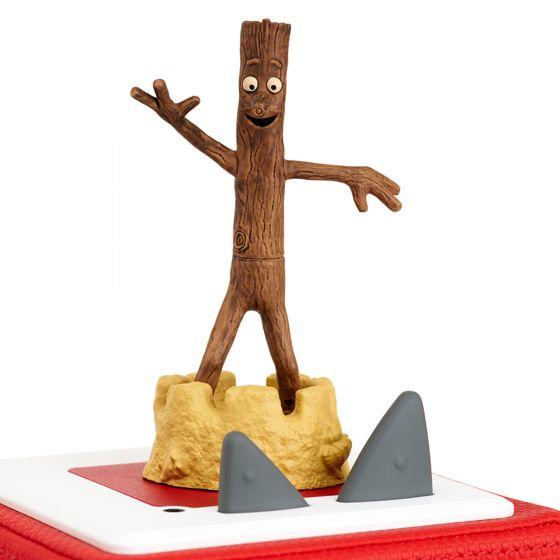 Brown Stick Man figure standing atop a red Toniebox.