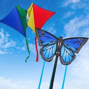 A blue, green, yellow and red kite with a butterfly-shaped kite in front with a blue sky background.