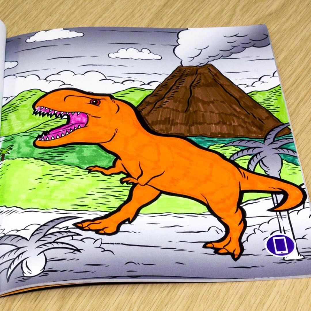 Coloured-in image of an orange dinosaur with an ipad icon on the bottom right.