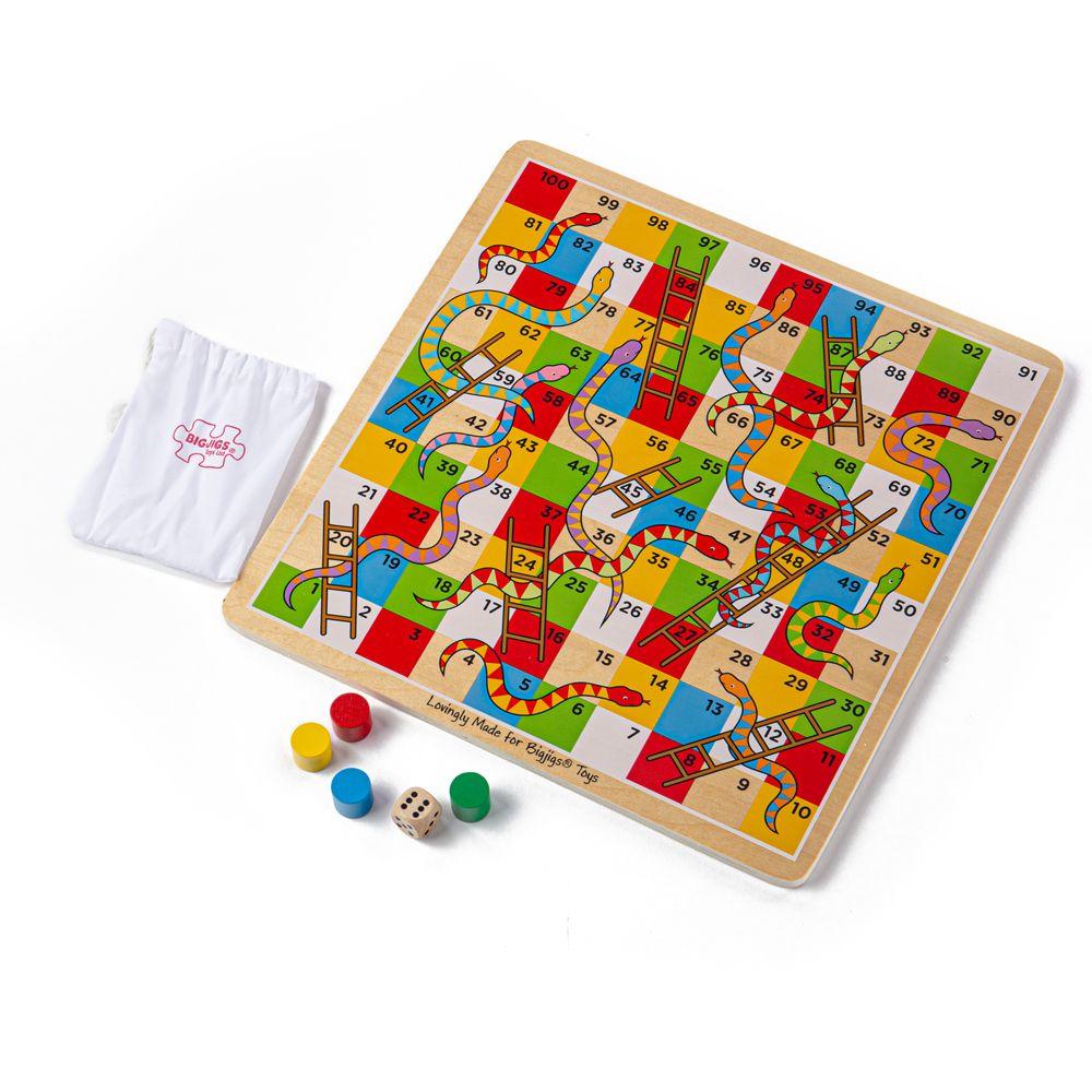Brightly coloured wooden snakes and ladders game with colourful counters and dice.