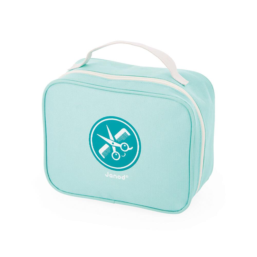 Pale blue carry case with an image of scissors and a comb in the centre.