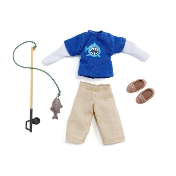 Lottie Doll Gone Fishing Outfit with top, trousers, shoes and fishing rod.