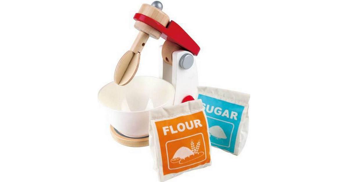 Toy wooden blender with bag of pretend flour and sugar