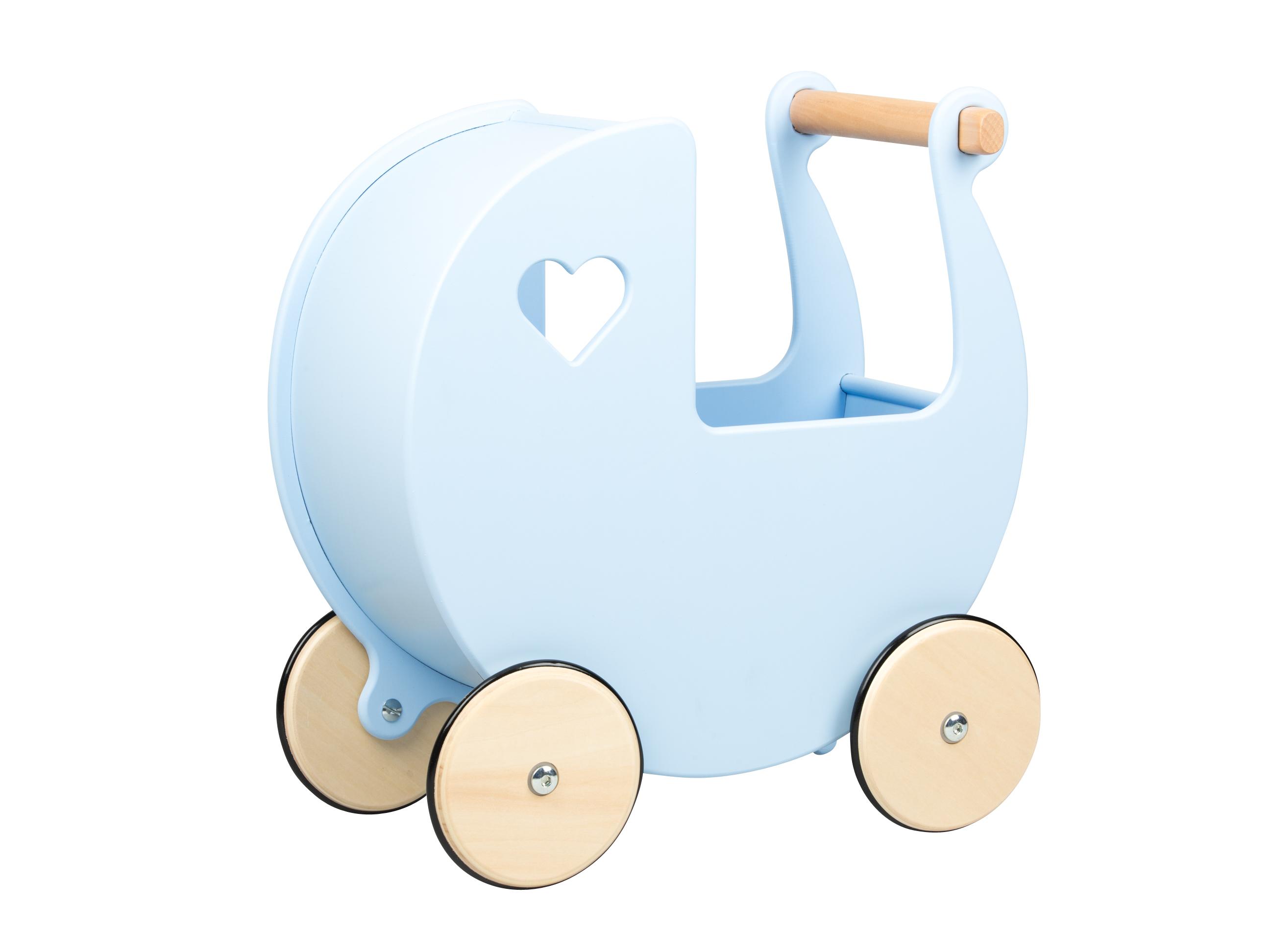 Side view of pale blue wooden dolls pram with natural wood coloured wheels.