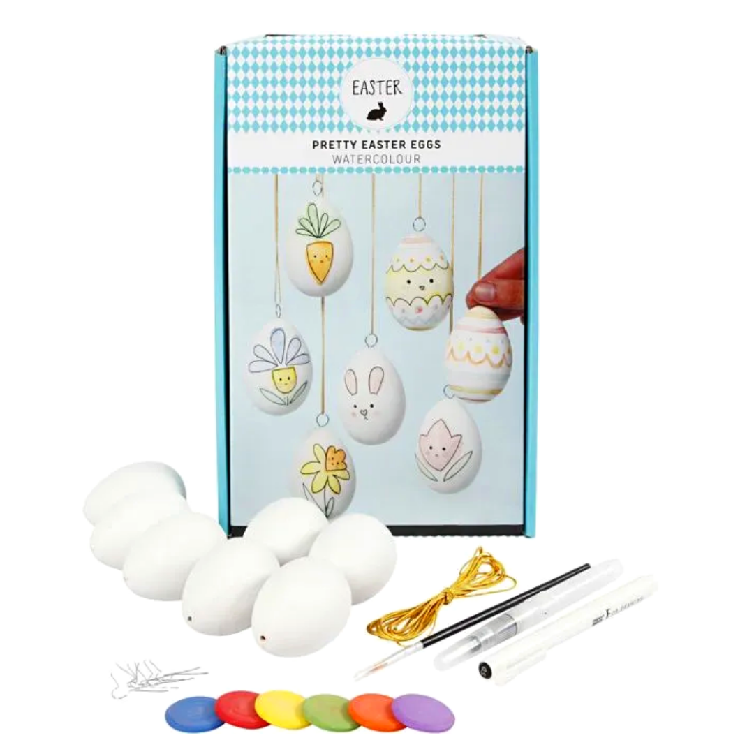 Contents of Easter egg watercolour-painting craft kit.
