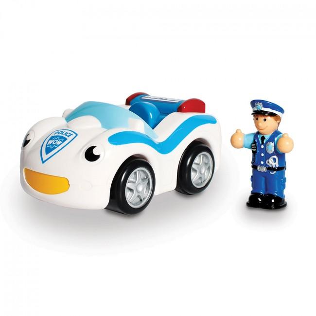 Police car with toy man beside.