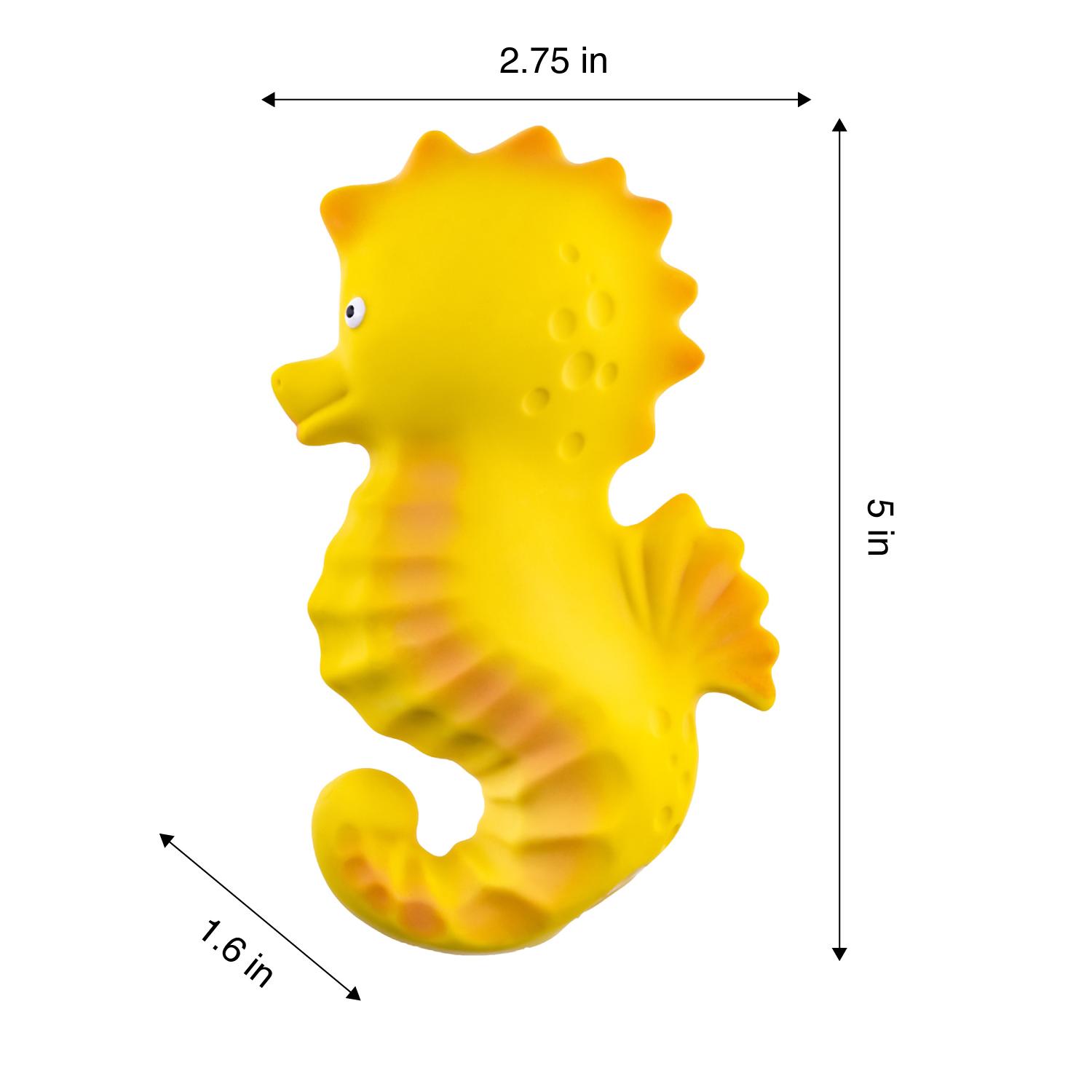 Yellow rubber seahorse with measurements.