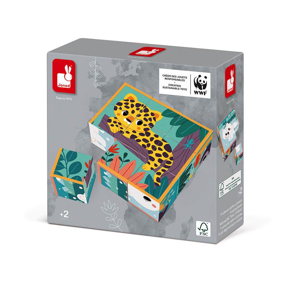 Box containing the 9 animal cardboard cubes.