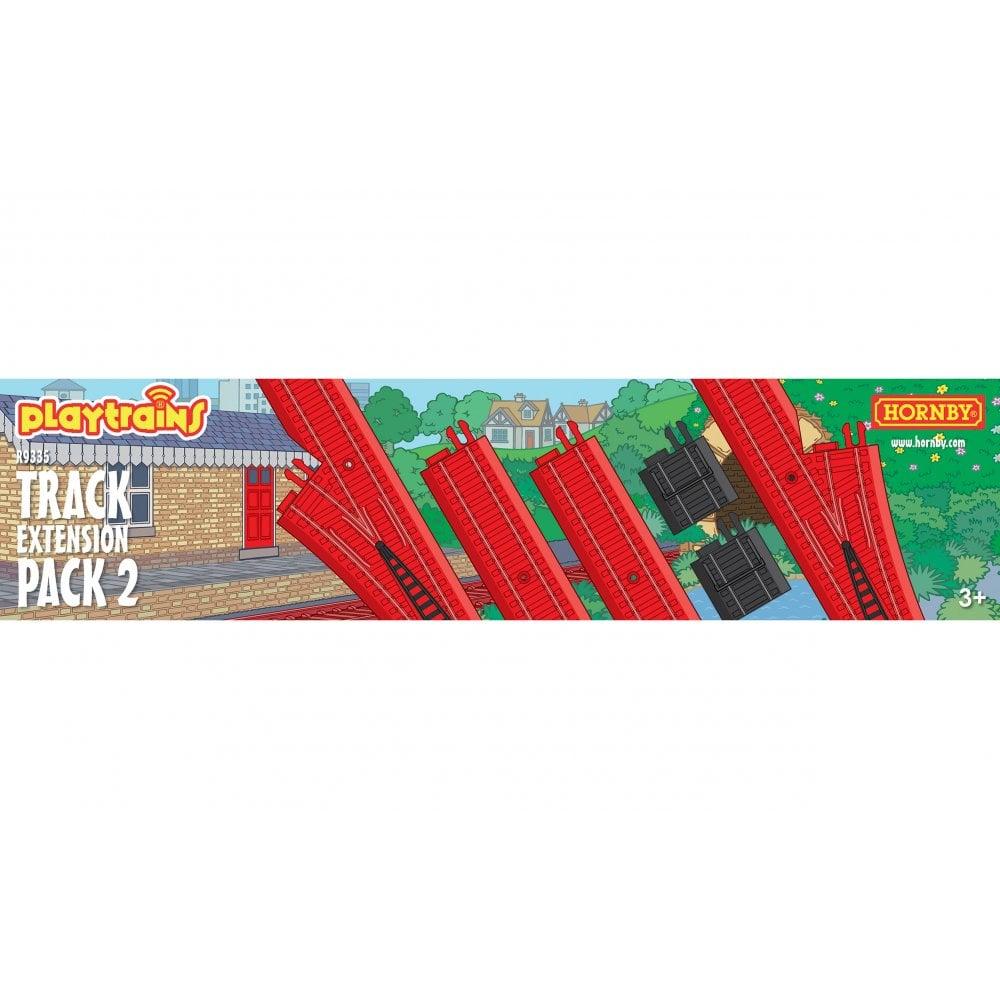 Packaging showing red extension track pieces for the Playtrains model railway.