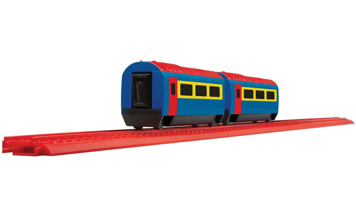 Playtrains blue rail coaches with windows outlined in yellow on a red train track.