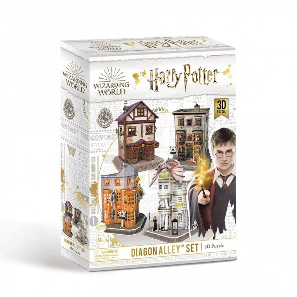 Box containing Diagon Alley set of 4 buildings.White background.