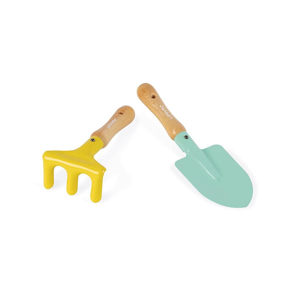 Small yellow hand rake and greentrowel. Wooden handles.