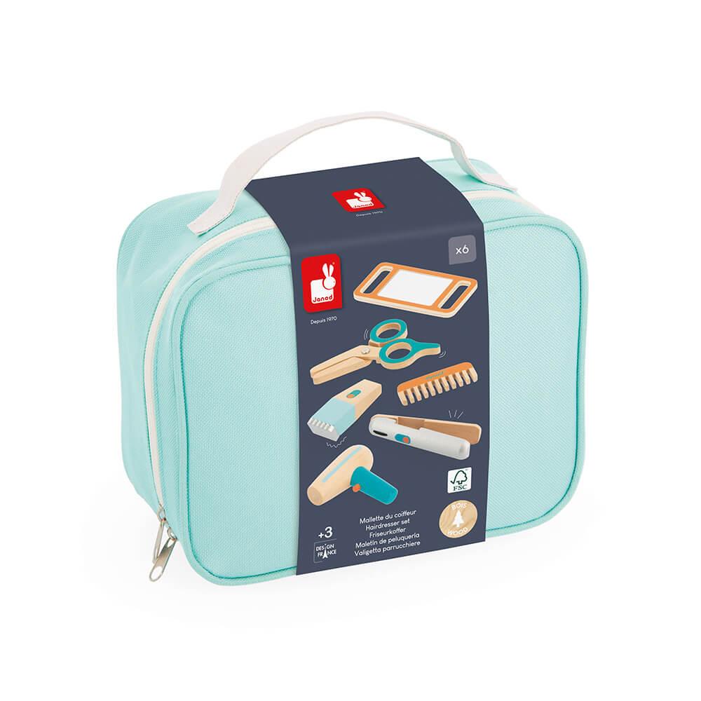Reverse of the light blue hairdresser set case showing the pieces contained inside.