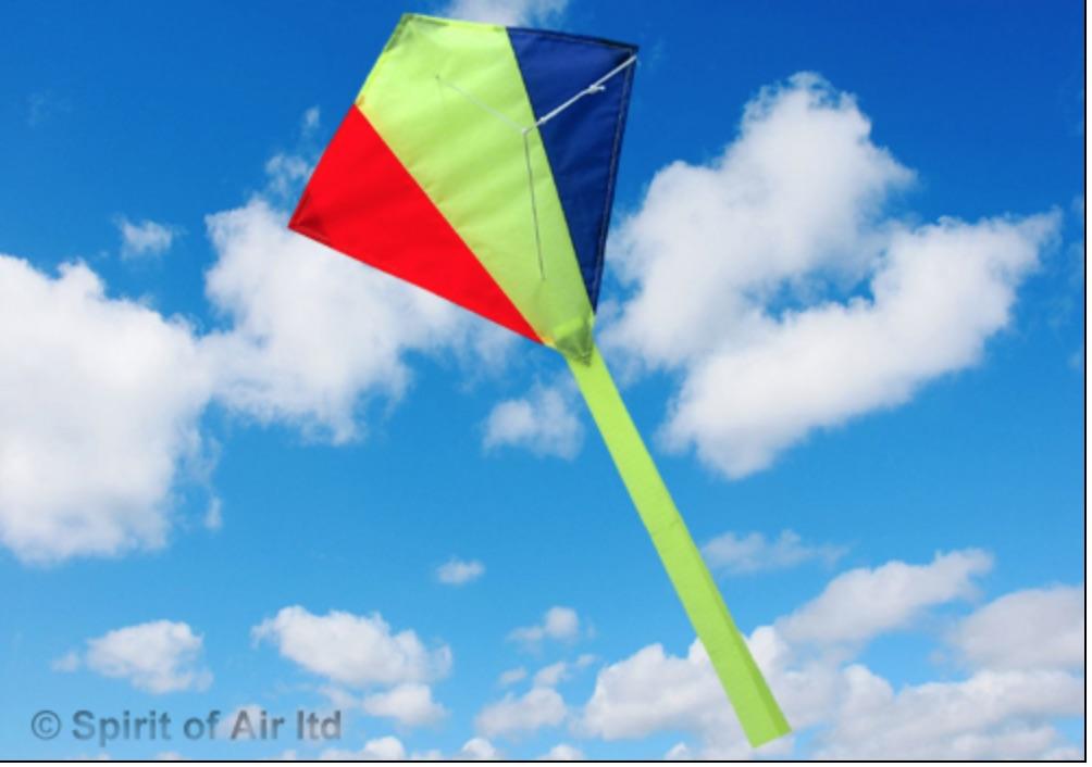 Colourful, rainbow, diamond-shaped mini kite with sky and clouds behind.
