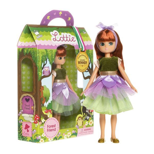 Packaging with Forest Friend Lottie inside and a doll 'standing' beside it.
