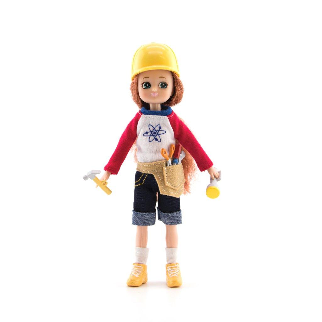 Lottie Young Inventor Doll with tools in her tool belt and wearing a yellow hard hat.
