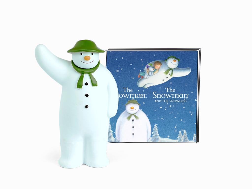 Snowman character with a green hat and scarf standing in front of a mainly blue cd-size packaging box.