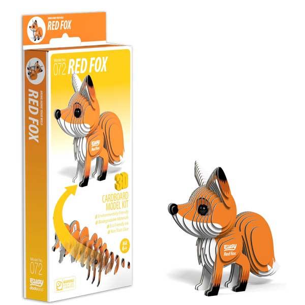 Eugy red fox figure placed beside taller box packaging.
