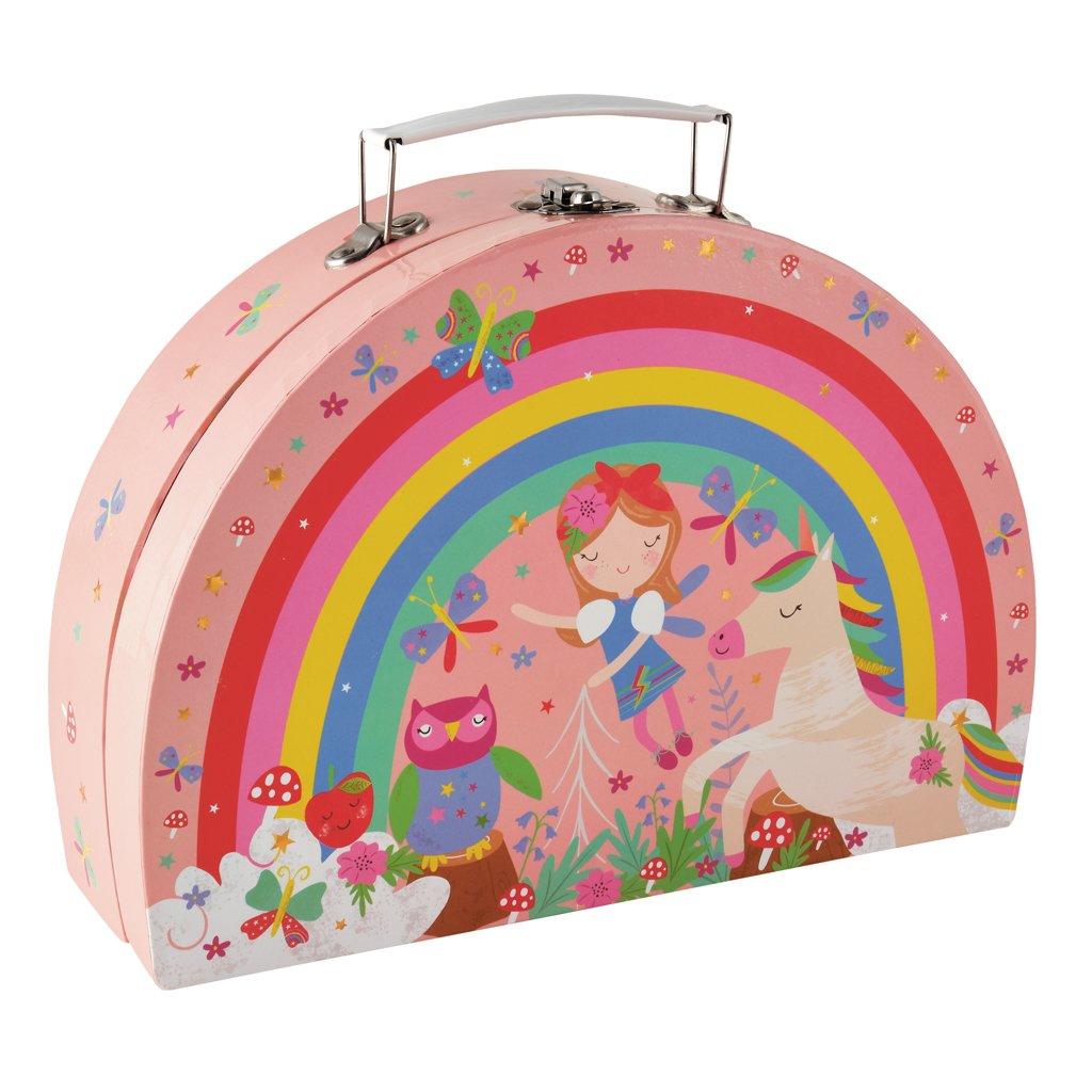 Colourful, rainbow-shaped carry case containing child's tin tea-set.