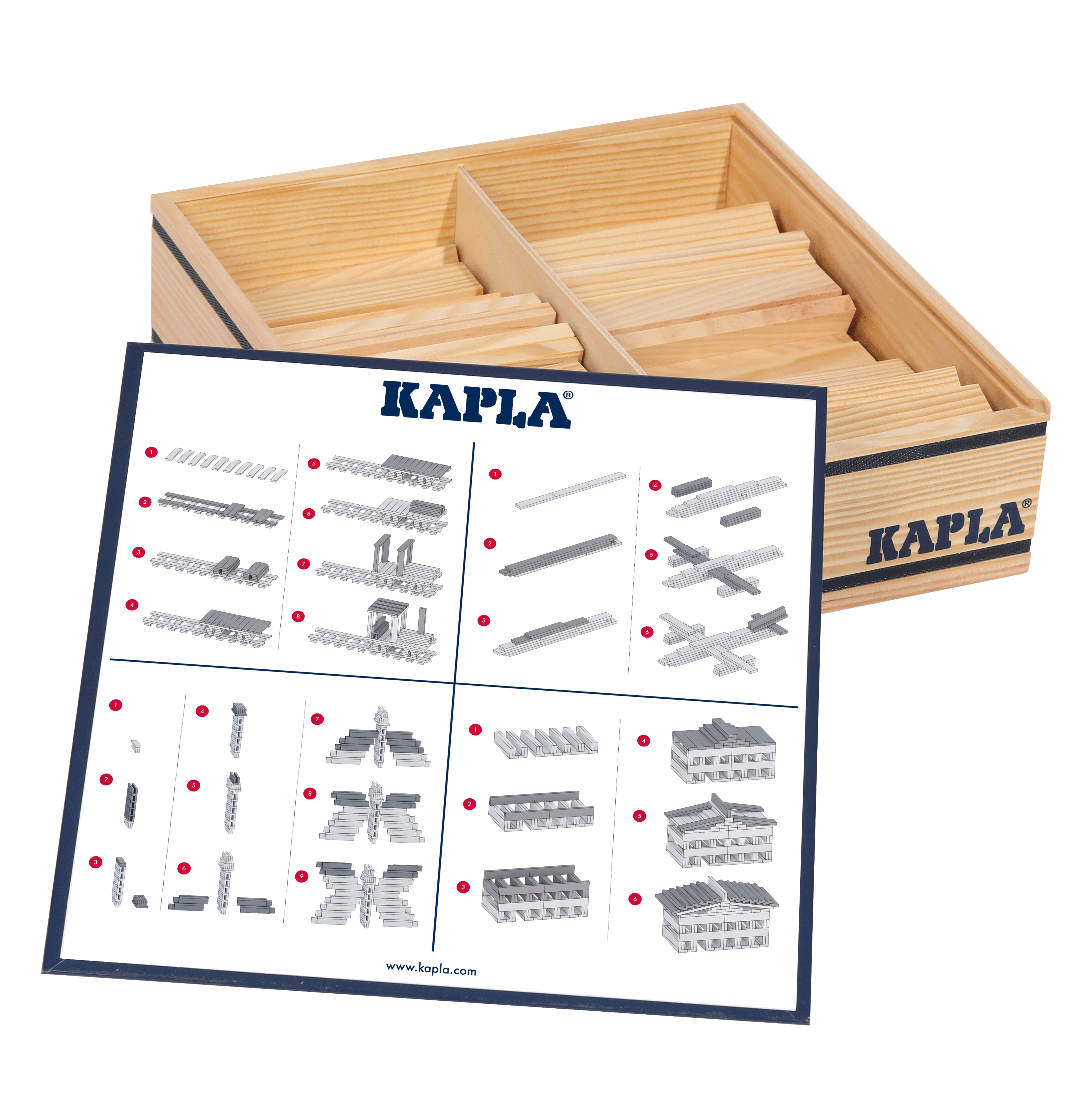 Open box showing kapla wooden planks.