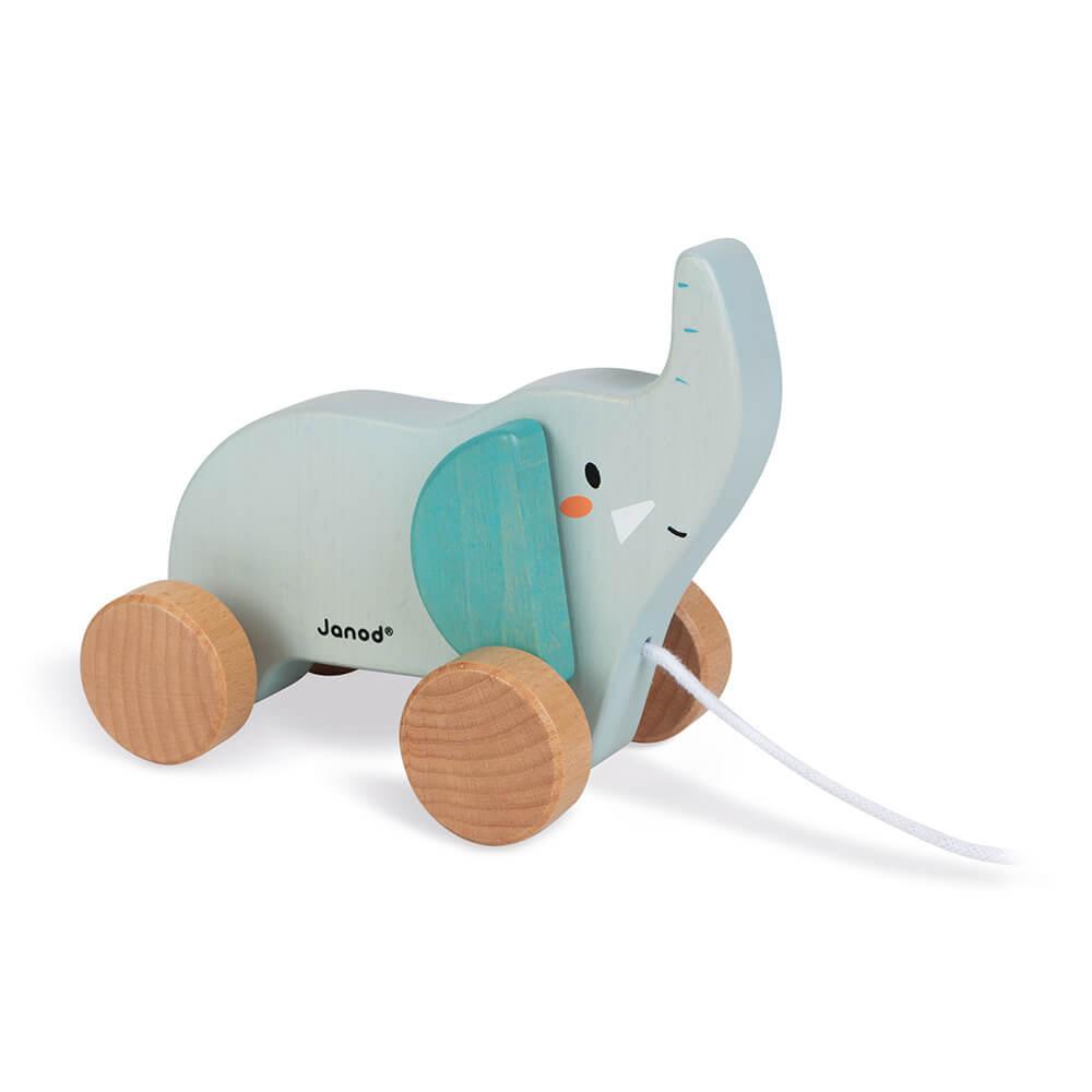 Pull along child's wooden elephant toy on wheels with a string.