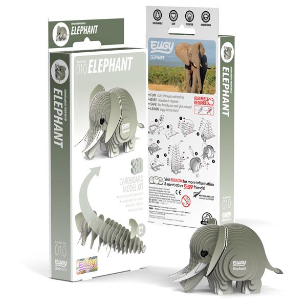 Elephant model with front an back views of the packaging box.