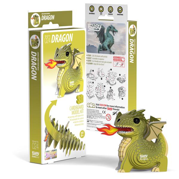 Green Eugy dragon model standing beside box.