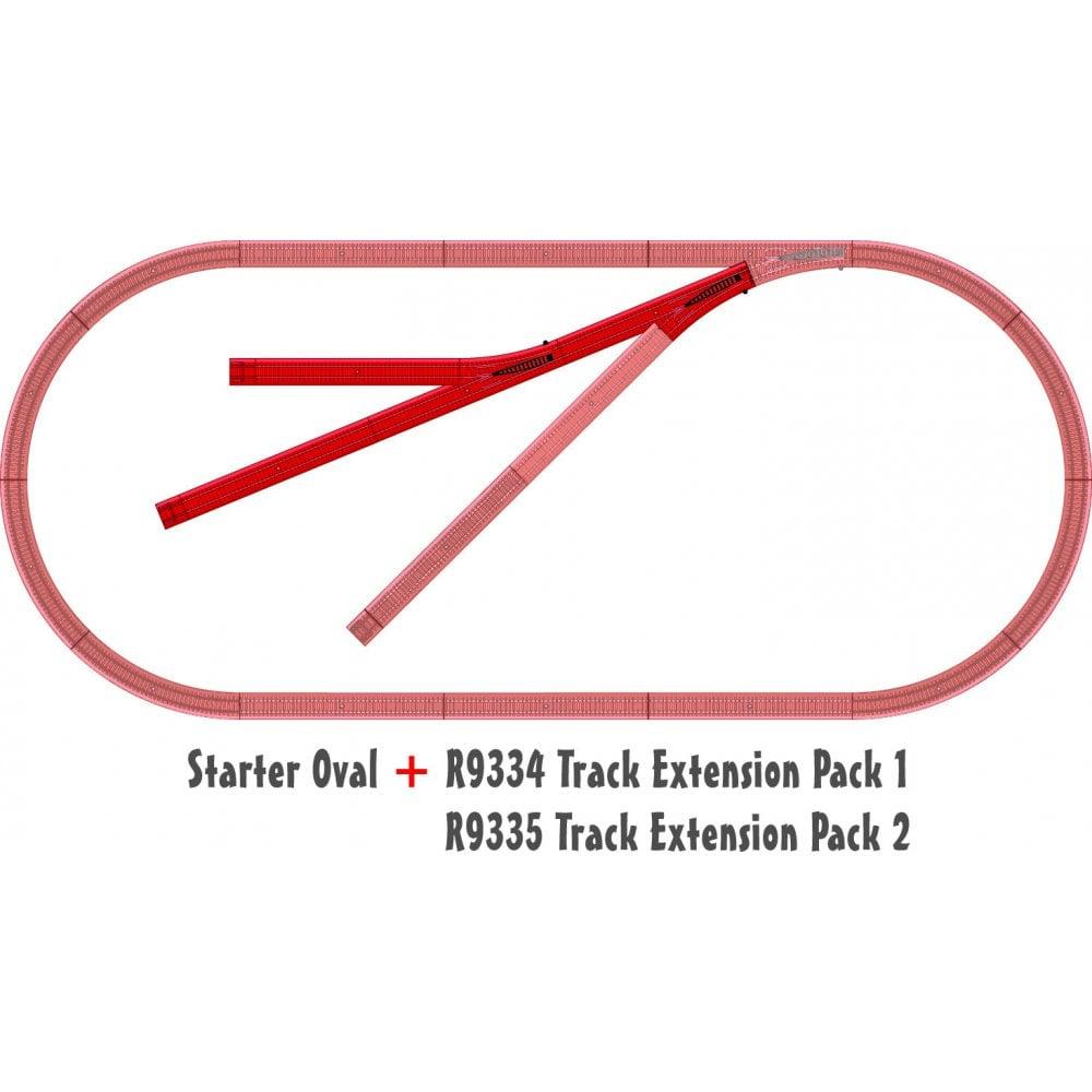 Illustration showing a red, oval train track with the pieces in this pack in a darker red.