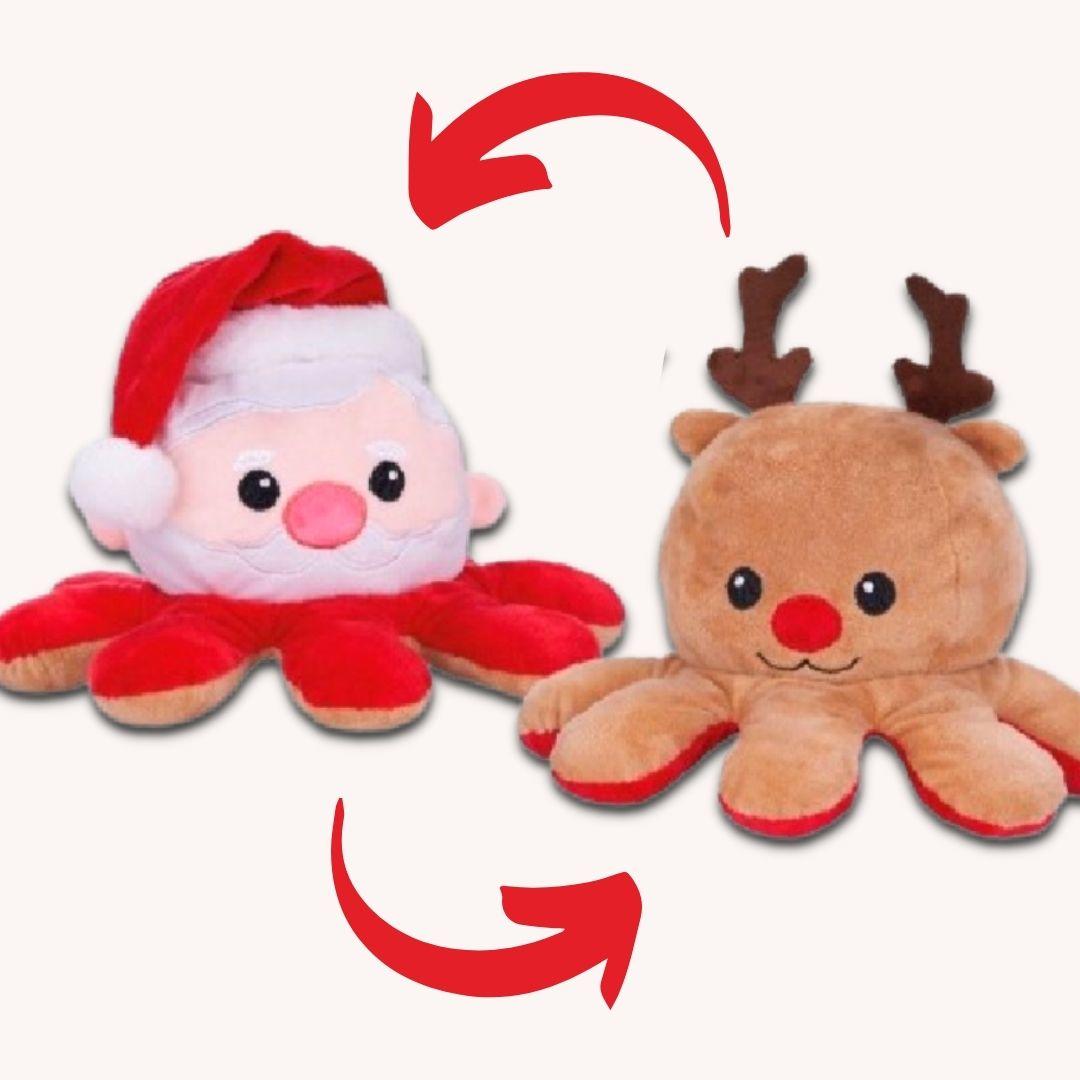 A reversible soft toy made up of a Santa Claus head with 8 soft octopus legs. Beside it is a Rudolph reindeer head with 8 legs.